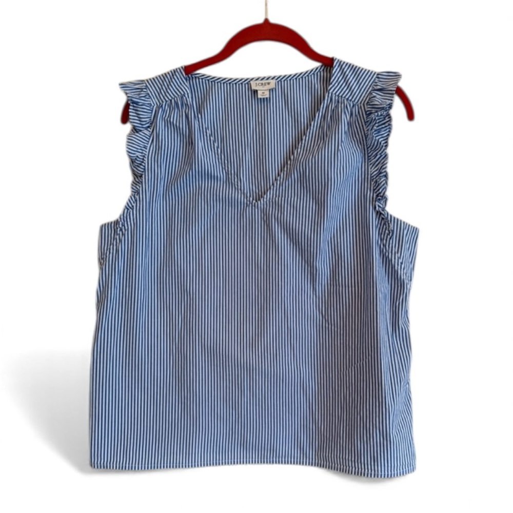 J. Crew Ruffled Flutter Sleeve Blue and White Top Sz Medium